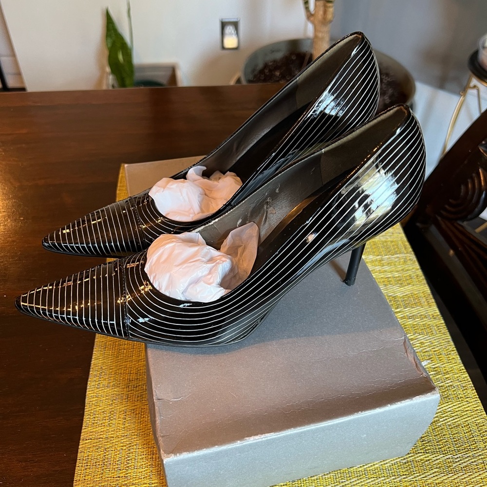Black Patent Leather Pumps with White Stripes